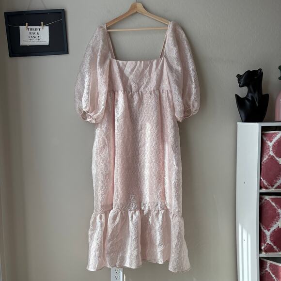 NEW Anthropologie Dress Pink Textured Puff-Sleeve Square Neck Midi Dress Size XL - Picture 2 of 10